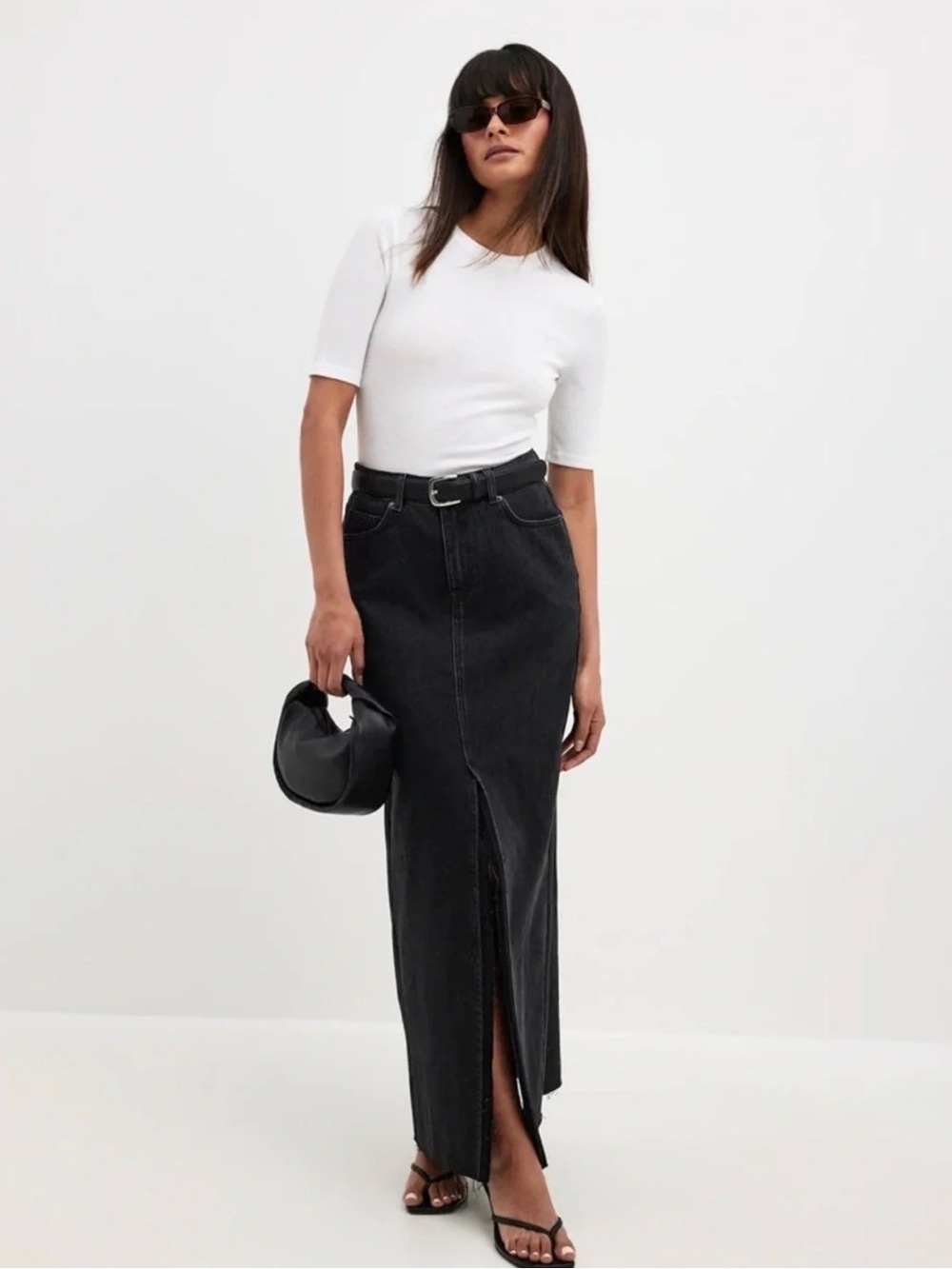 🌿NA-KD Wide Denim Maxi Skirt Front Slit Raw Hem Dark Gray Size 8